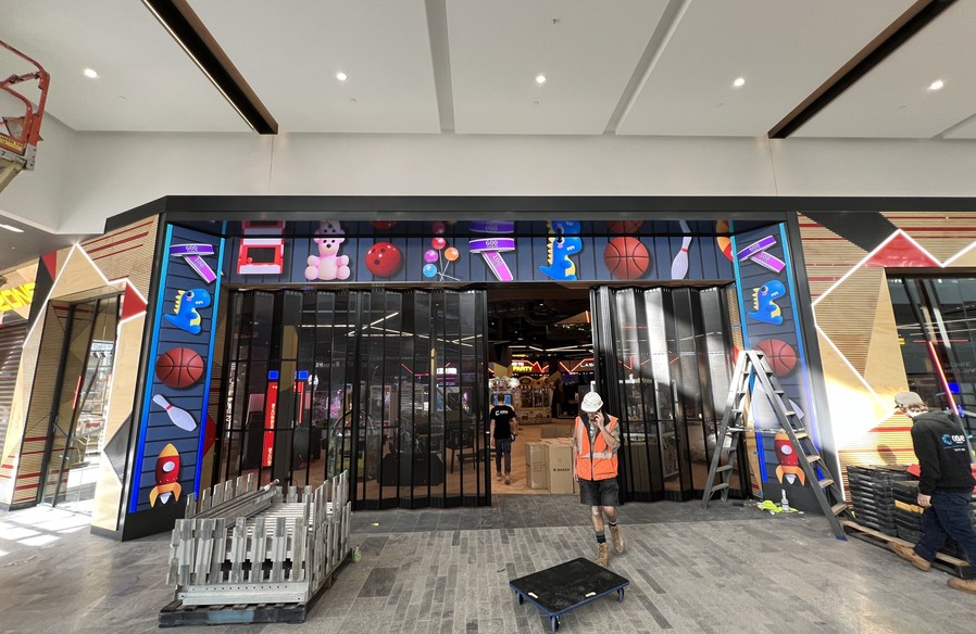 LED shopfront and graphic facade being installed at Timezone Knox